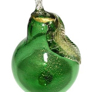 Vintage Murano Green and Gold Art Glass Pear. 24K Gold flake Red Foul Sticker